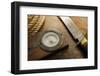 Old Knife, Compass, and Rope on a Old Wooden Desk, Exploration, Survival, and Hunting Concept Image-landio-Framed Photographic Print