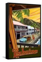 Old Lahaina Fishing Town with Surfer, Maui, Hawaii-Lantern Press-Framed Stretched Canvas