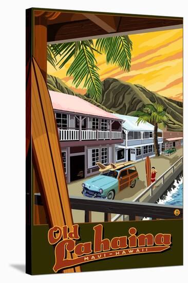 Old Lahaina Fishing Town with Surfer, Maui, Hawaii-Lantern Press-Stretched Canvas