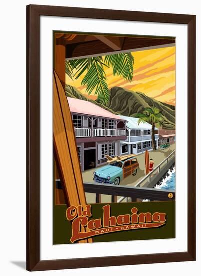 Old Lahaina Fishing Town with Surfer, Maui, Hawaii-Lantern Press-Framed Art Print