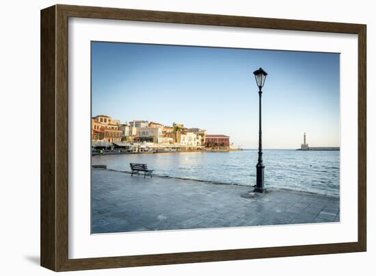 Old lantern in the Venetian harbour of Chania with lighthouse in background, Crete-Roberto Moiola-Framed Photographic Print