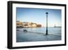 Old lantern in the Venetian harbour of Chania with lighthouse in background, Crete-Roberto Moiola-Framed Photographic Print