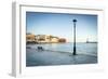 Old lantern in the Venetian harbour of Chania with lighthouse in background, Crete-Roberto Moiola-Framed Photographic Print