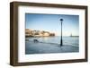 Old lantern in the Venetian harbour of Chania with lighthouse in background, Crete-Roberto Moiola-Framed Photographic Print