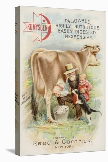 Old Man Milking Cow, with Child and Cat-null-Stretched Canvas