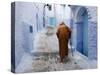 Old Man Walking in a Typical Street in Chefchaouen, Rif Mountains Region, Morocco-Levy Yadid-Stretched Canvas