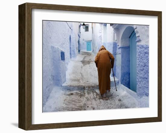 Old Man Walking in a Typical Street in Chefchaouen, Rif Mountains Region, Morocco-Levy Yadid-Framed Photographic Print