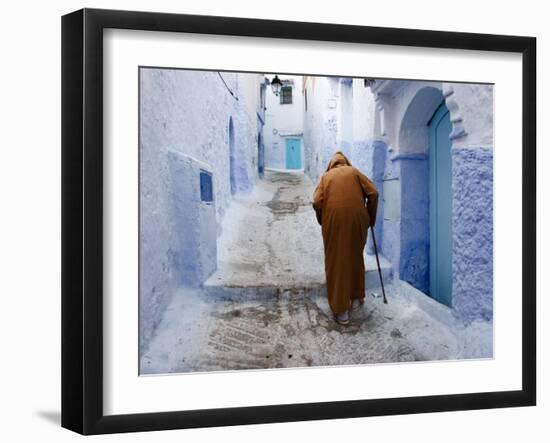 Old Man Walking in a Typical Street in Chefchaouen, Rif Mountains Region, Morocco-Levy Yadid-Framed Photographic Print