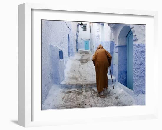 Old Man Walking in a Typical Street in Chefchaouen, Rif Mountains Region, Morocco-Levy Yadid-Framed Photographic Print