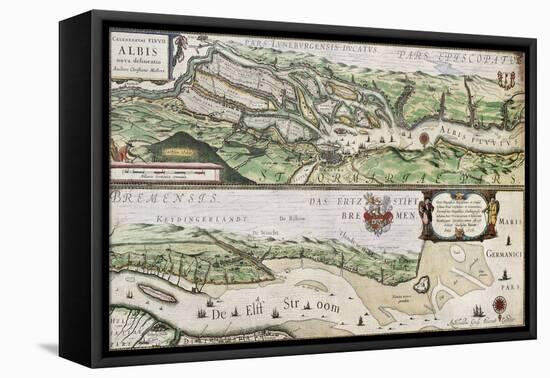 Old Map Of Elbe River And Hamburg Port From The Atlas Appendix-marzolino-Framed Stretched Canvas