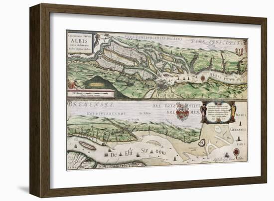 Old Map Of Elbe River And Hamburg Port From The Atlas Appendix-marzolino-Framed Art Print