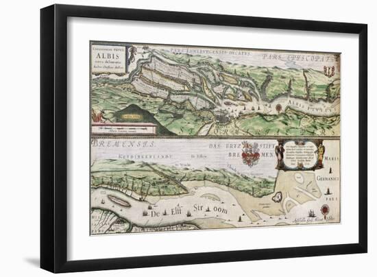 Old Map Of Elbe River And Hamburg Port From The Atlas Appendix-marzolino-Framed Art Print