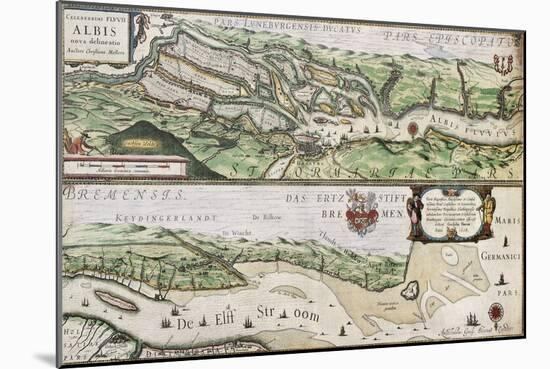 Old Map Of Elbe River And Hamburg Port From The Atlas Appendix-marzolino-Mounted Art Print