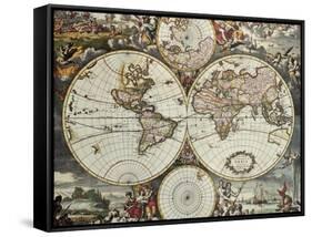 Old Map Of World Hemispheres. Created By Frederick De Wit, Published In Amsterdam, 1668-marzolino-Framed Stretched Canvas