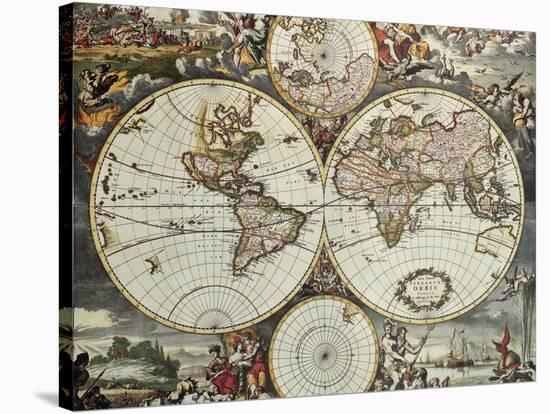 Old Map Of World Hemispheres. Created By Frederick De Wit, Published In Amsterdam, 1668-marzolino-Stretched Canvas