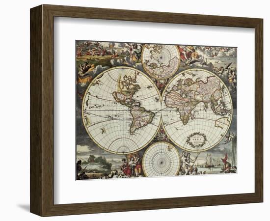 Old Map Of World Hemispheres. Created By Frederick De Wit, Published In Amsterdam, 1668-marzolino-Framed Art Print