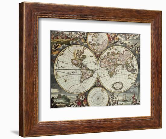 Old Map Of World Hemispheres. Created By Frederick De Wit, Published In Amsterdam, 1668-marzolino-Framed Art Print