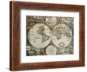 Old Map Of World Hemispheres. Created By Frederick De Wit, Published In Amsterdam, 1668-marzolino-Framed Art Print
