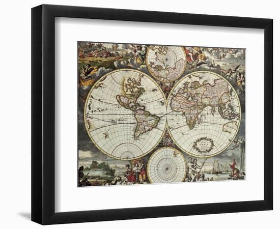 Old Map Of World Hemispheres. Created By Frederick De Wit, Published In Amsterdam, 1668-marzolino-Framed Art Print