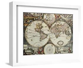 Old Map Of World Hemispheres. Created By Frederick De Wit, Published In Amsterdam, 1668-marzolino-Framed Art Print