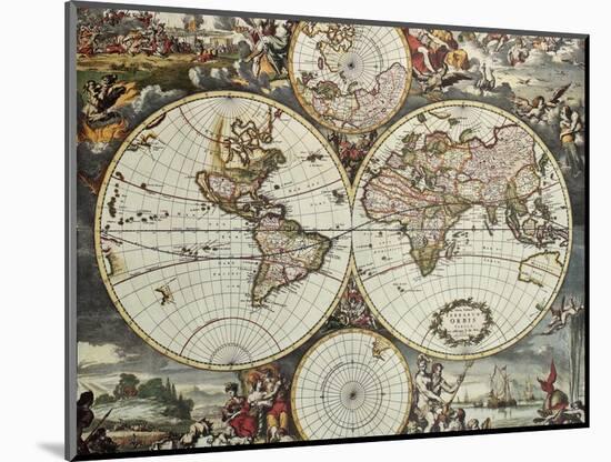 Old Map Of World Hemispheres. Created By Frederick De Wit, Published In Amsterdam, 1668-marzolino-Mounted Art Print