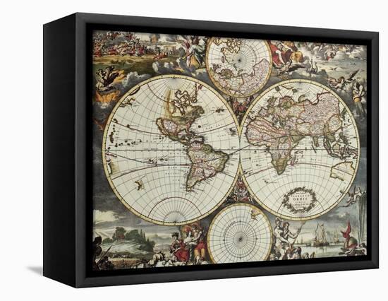 Old Map Of World Hemispheres. Created By Frederick De Wit, Published In Amsterdam, 1668-marzolino-Framed Stretched Canvas