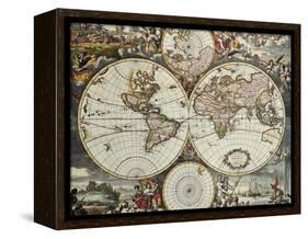 Old Map Of World Hemispheres. Created By Frederick De Wit, Published In Amsterdam, 1668-marzolino-Framed Stretched Canvas