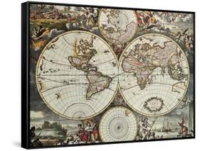 Old Map Of World Hemispheres. Created By Frederick De Wit, Published In Amsterdam, 1668-marzolino-Framed Stretched Canvas