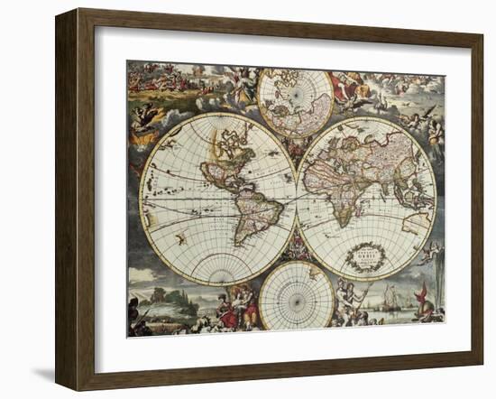 Old Map Of World Hemispheres. Created By Frederick De Wit, Published In Amsterdam, 1668-marzolino-Framed Art Print