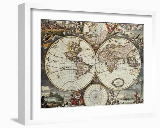 Old Map Of World Hemispheres. Created By Frederick De Wit, Published In Amsterdam, 1668-marzolino-Framed Art Print