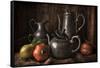 Old Masters Style Image with Pewter Jugs and Pots with Fruit-Carin Victoria Harris-Framed Stretched Canvas