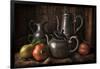 Old Masters Style Image with Pewter Jugs and Pots with Fruit-Carin Victoria Harris-Framed Photographic Print