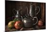 Old Masters Style Image with Pewter Jugs and Pots with Fruit-Carin Victoria Harris-Mounted Photographic Print