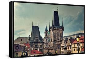Old Medieval Tower and Sculptures on Famous Charles Bridge in Prague, Czech Republic.-rglinsky-Framed Stretched Canvas
