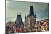 Old Medieval Tower and Sculptures on Famous Charles Bridge in Prague, Czech Republic.-rglinsky-Mounted Photographic Print