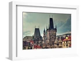 Old Medieval Tower and Sculptures on Famous Charles Bridge in Prague, Czech Republic.-rglinsky-Framed Photographic Print