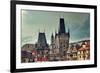 Old Medieval Tower and Sculptures on Famous Charles Bridge in Prague, Czech Republic.-rglinsky-Framed Photographic Print