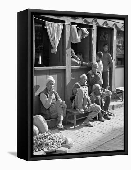 Old Men and Boys Outside a Cafe, Bhaktapur, Kathmandu Valley, Nepal-Don Smith-Framed Stretched Canvas