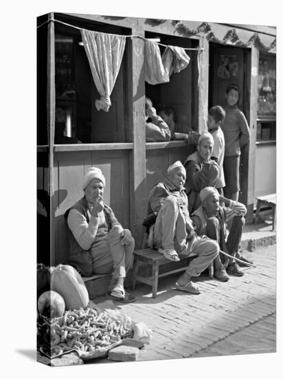 Old Men and Boys Outside a Cafe, Bhaktapur, Kathmandu Valley, Nepal-Don Smith-Stretched Canvas