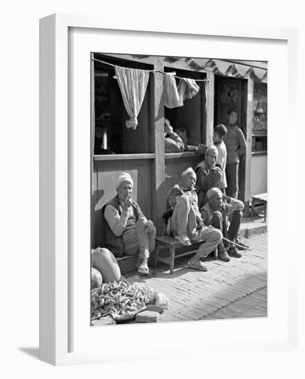 Old Men and Boys Outside a Cafe, Bhaktapur, Kathmandu Valley, Nepal-Don Smith-Framed Photographic Print