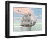 Old Merchant Ship Sailing in the Ocean with Seagulls Above-null-Framed Art Print