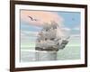 Old Merchant Ship Sailing in the Ocean with Seagulls Above-null-Framed Art Print