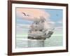 Old Merchant Ship Sailing in the Ocean with Seagulls Above-null-Framed Art Print