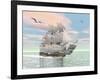 Old Merchant Ship Sailing in the Ocean with Seagulls Above-null-Framed Art Print