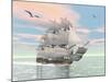 Old Merchant Ship Sailing in the Ocean with Seagulls Above-null-Mounted Art Print