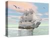 Old Merchant Ship Sailing in the Ocean with Seagulls Above-null-Stretched Canvas