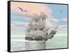 Old Merchant Ship Sailing in the Ocean with Seagulls Above-null-Framed Stretched Canvas