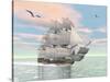 Old Merchant Ship Sailing in the Ocean with Seagulls Above-null-Stretched Canvas