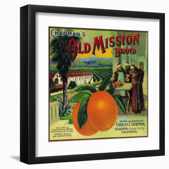 Old Mission Orange Label - Fullerton, CA-Lantern Press-Framed Art Print