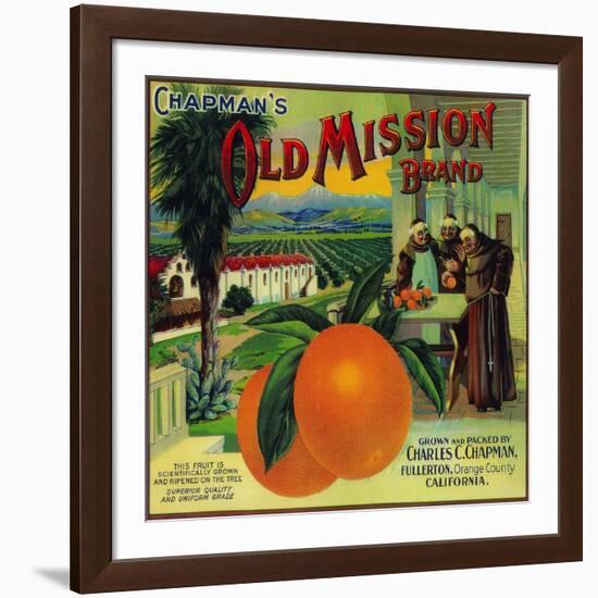 Old Mission Orange Label - Fullerton, CA-Lantern Press-Framed Art Print